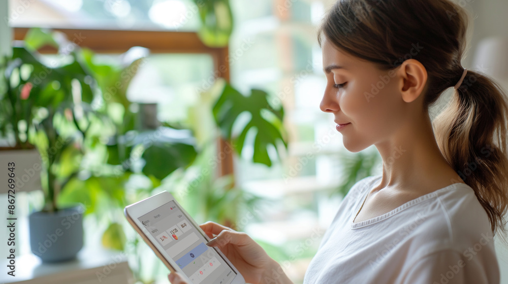 Poster close-up of woman holding tablet with smart home app to control various technology devices artificia