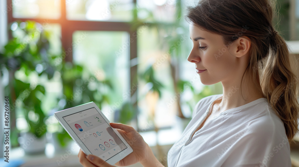 Poster close-up of woman holding tablet with smart home app to control various technology devices artificia