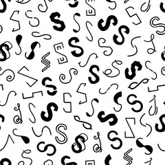 Black and white letter S seamless pattern, simple hand drawn letters.