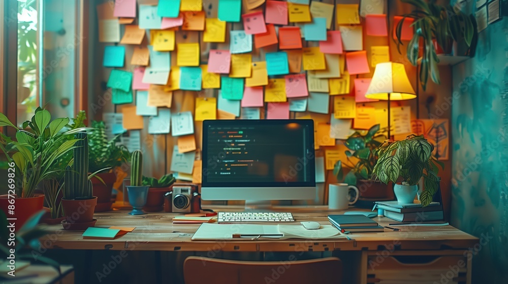 Poster creative workspace with sticky notes and plants. vibrant workspace filled with sticky notes on the w