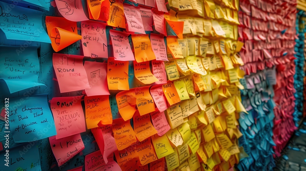Poster wall covered in colorful sticky notes. close-up view of a wall densely covered with colorful sticky 