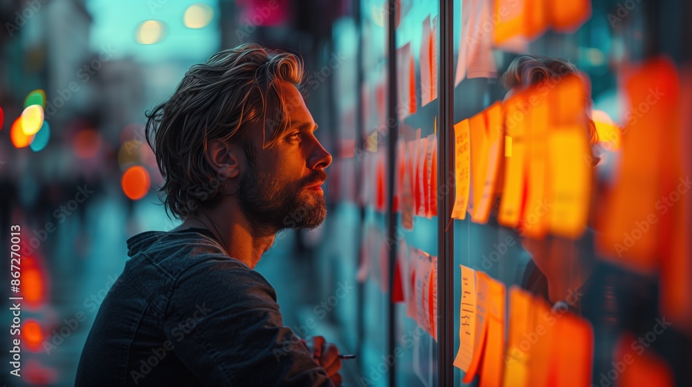 Poster man observing sticky note board at night. man attentively looking at a board full of sticky notes un