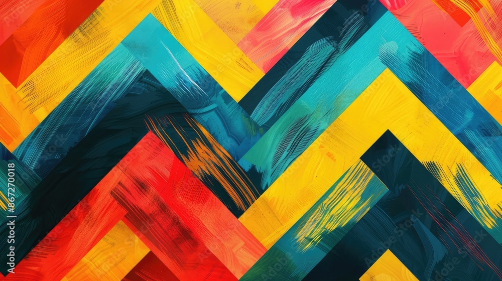 Poster bright and colorful zigzag patterns creating a playful abstract design.