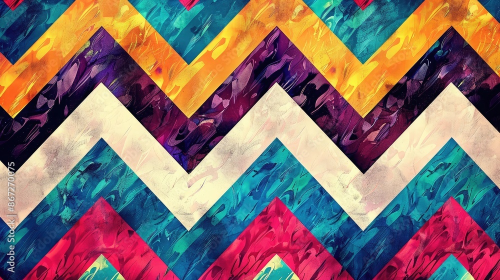 Poster bright and colorful zigzag patterns creating a playful abstract design.