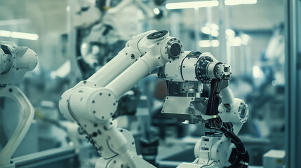 Intelligent industrial robot arm for digital factory production technology displays automated production processes. Using modern factory software programs