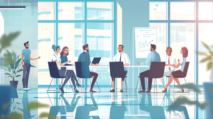 Vector illustration of young people in a business meeting in the office The idea is to participate in teamwork, and analyze project statistics. financial report Discuss strategy, and planning.