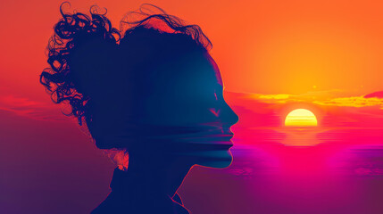 A photorealistic portrait of a person silhouetted against a vibrant sunset transforms into a stylized graphic poster with bold colors and dramatic use of negative space High Qual