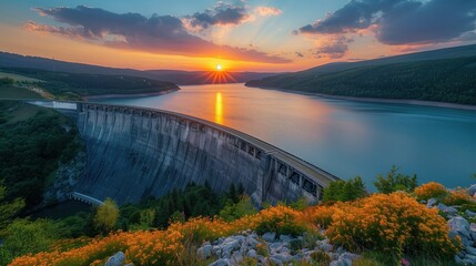 Fototapeta premium Stunning hydroelectric dam and reservoir, framed by vibrant flowers in the foreground, as the sun sets behind the hills, creating a beautiful reflection on the water.