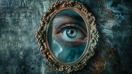 A photorealistic portrait of a persons eye framed by a vintage ornate mirror transforms into a stylized reflection of their fantastical dream world High Quality High Clarity