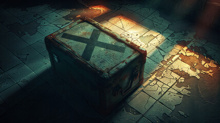 A photorealistic vintage photograph of a weathered suitcase dramatically lit with deep shadows morphs into a stylized isometric map leading to a hidden treasure marked with a