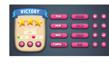 Vector pink theme premium game UI kit. Set of victory menu scene pop up, icons, and buttons with editable text effect. Game UI kit in cartoon style.