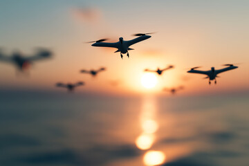 Robotic seagull drones patrolling coastline, isolated on a sunset gradient background 