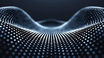 Black vibration and sound wave illustration, circular pulse wave with points and particles on dark background, big data visualization, high detail vector art