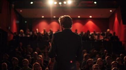 Fototapeta premium Back view of Man in business suit giving a speech on the stage in front of the audience