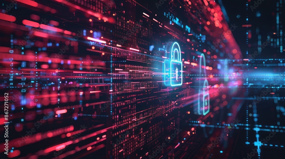 Poster cybersecurity concept with digital locks and data streams in the background.