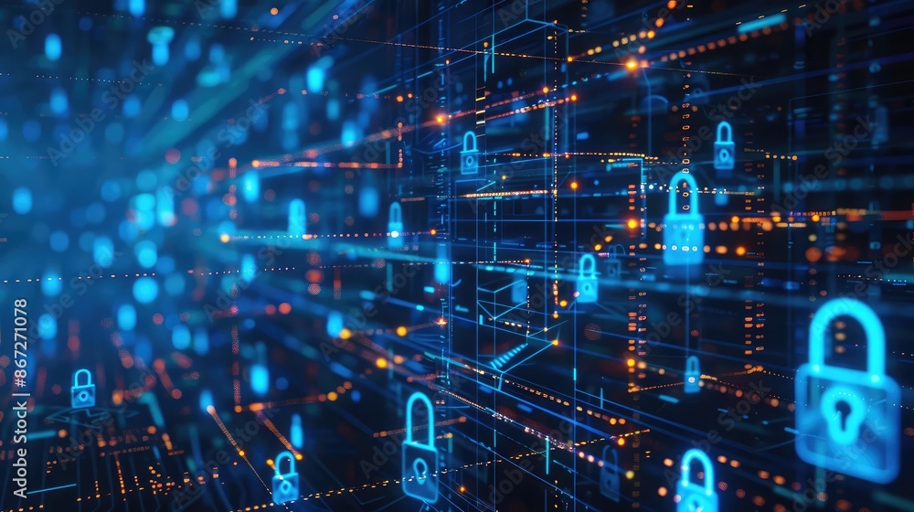 Poster cybersecurity concept with digital locks and data streams in the background.