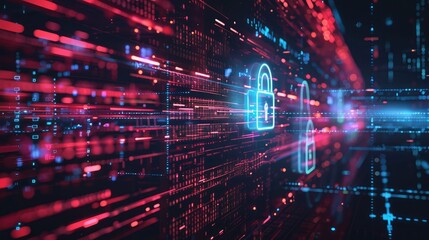 Cybersecurity concept with digital locks and data streams in the background.