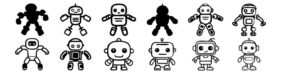 Robot silhouettes set, pack of vector silhouette design, isolated background