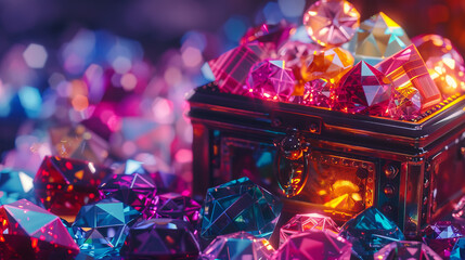 A stylized pixel art treasure chest overflowing with jewels morphs into a hyperrealistic macro closeup of gemstones with intricate details and vibrant reflections High Quality