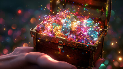 A stylized pixelart treasure chest overflowing with jewels morphs into a hyperrealistic macro closeup of gemstones with intricate details and vibrant reflections held in a cup