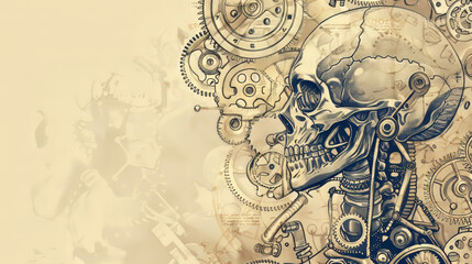 Naklejka premium A vintage anatomical illustration merges with a steampunkinspired machine gears and pistons intertwining with delicate handdrawn details High Quality High Clarity Space for