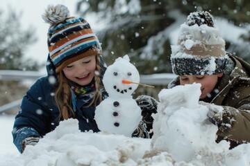 Two kids building snowman together having fun on winter holidays