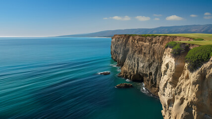 Fototapeta premium Sweeping coastal cliff views with vibrant turquoise sea and golden sunlit rocks under a boundless blue sky 