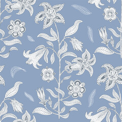 Intricately detailed white flowers and leaves seamless pattern on a muted blue background.