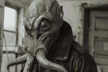 Alien creature with tentacles wearing a leather jacket in an old room