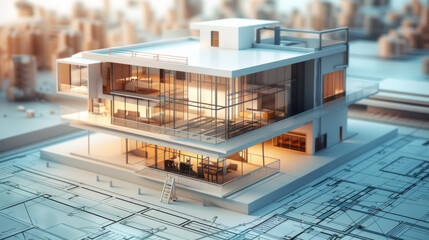 Architect?s Dream Building A D model of an innovative building that architects walk around and interact with while D blueprints and design ideas float around the model dynamic