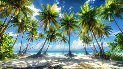 Obraz premium the awe-inspiring sight of coconut palms reaching towards the heavens, their slender trunks rising from the sandy shores like sentinels guarding the coastline..