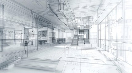 Architectural Blueprint Come to Life Illustrate an architectural blueprint where D sketches of a buildings interior gradually morph into a full D model Incorporate elements of