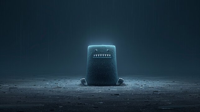 Cube-shaped creature emerges from murky ocean floor. Glowing teeth illuminate dark surroundings. Tiny stubby legs contrast with imposing form. Eerie blue light bathes scene in otherworldly ambiance. 