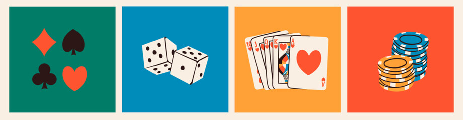 Poker night set. Playing cards, casino chips, token, dice, card suits. Hand drawn Vector illustration. Tournament, casino, poker, gambling, game, fun concept. Isolated design elements