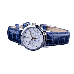 Elegant Silver Chronograph Wristwatch with Blue Leather Strap isolated on transparent background.