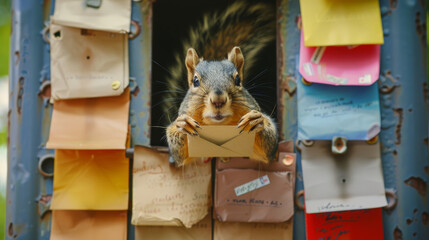Photorealistic closeup of a squirrel peeking out from a mailbox overflowing with colorful postcards and letters its paws holding a tiny envelope High Quality High Clarity Spac