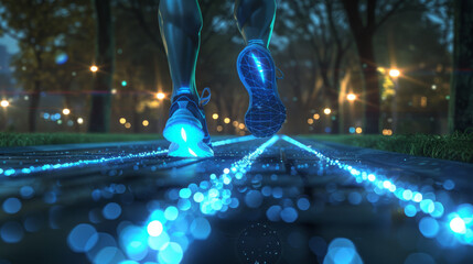 Virtual Runner?s Path Legs of a runner in a D park setting with D digital paths that light up and change color based on speed and movement creating an interactive running exper
