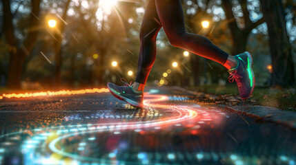Virtual Runner?s Path Legs of a runner in a D park setting with D digital paths that light up and change color based on speed and movement creating an interactive running exper