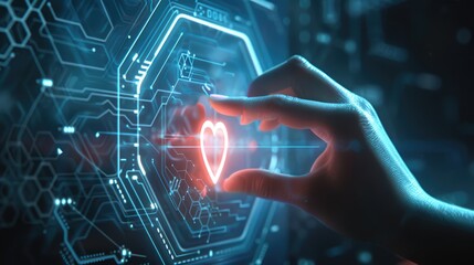 Obraz premium Digital Heart Interface: A Hand Interacting with a Heart Icon