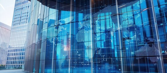 Abstract digital world map hologram superimposed on a modern office building background portrays the concept of tourism and travel.