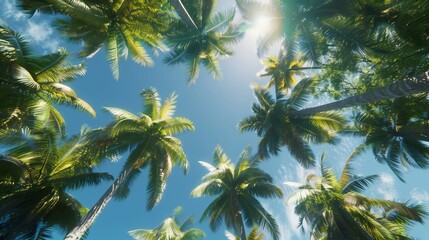 Obraz premium the essence of island life as you gaze upwards at the coconut palms, their swaying fronds painting a picture of tranquility of the sparkling sea.