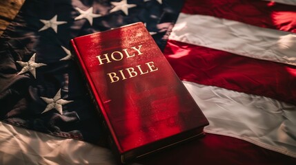 A red Bible is on top of a white American flag