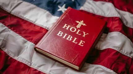 A red Bible is on top of a white American flag