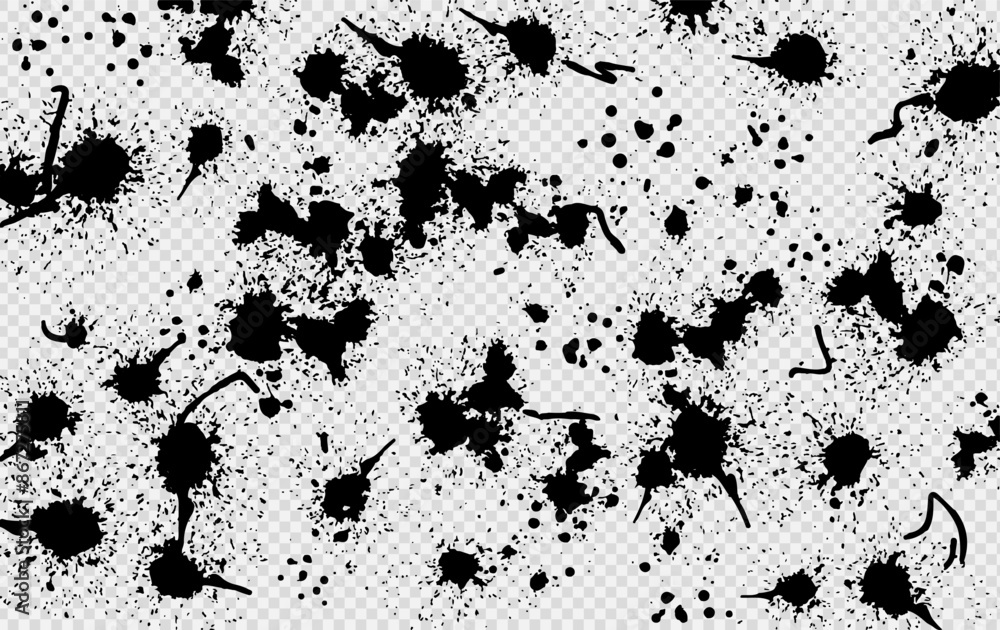 Poster Texture of chaotic black splashes. Splashes or blots isolated on a transparent background