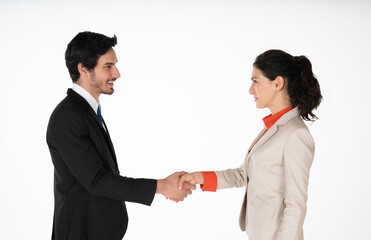 Business people greeting by shaking hands in an office, business partners dealing meeting, achievement or accomplishment concept