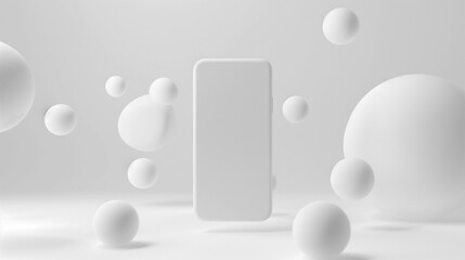 Smartphone Mock-up, white, spheres, floating, 3d rendered, clean and simple