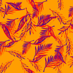 Drawn Tropical Leaves. Orange Patterns Tropical. Violet Spring Leave. Palm Leaf Outline. Autumn...