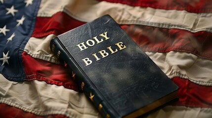 A black Bible is on top of a red and white American flag