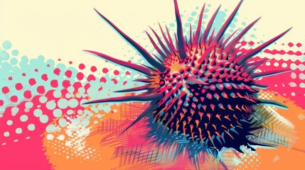 Vibrant Abstract Digital Art with Spiky Sphere and Colorful Background Patterns