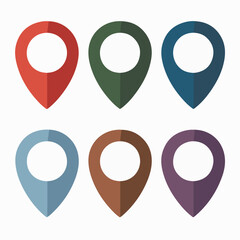 Six location markers, each in a distinct color. These markers are designed as pin-like shapes with a circular hole in the center. They are arranged in two rows, with three markers in each row. 